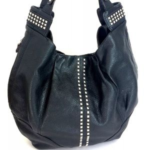 B. Makowsky Nadia Black Leather Studded Hobo Bag